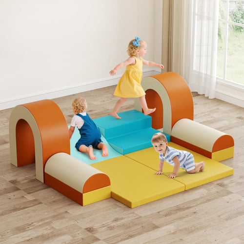 Toddler Climbing Toys Indoor, 10 Pieces Baby Foam Blocks Soft Play Set with PU Leather