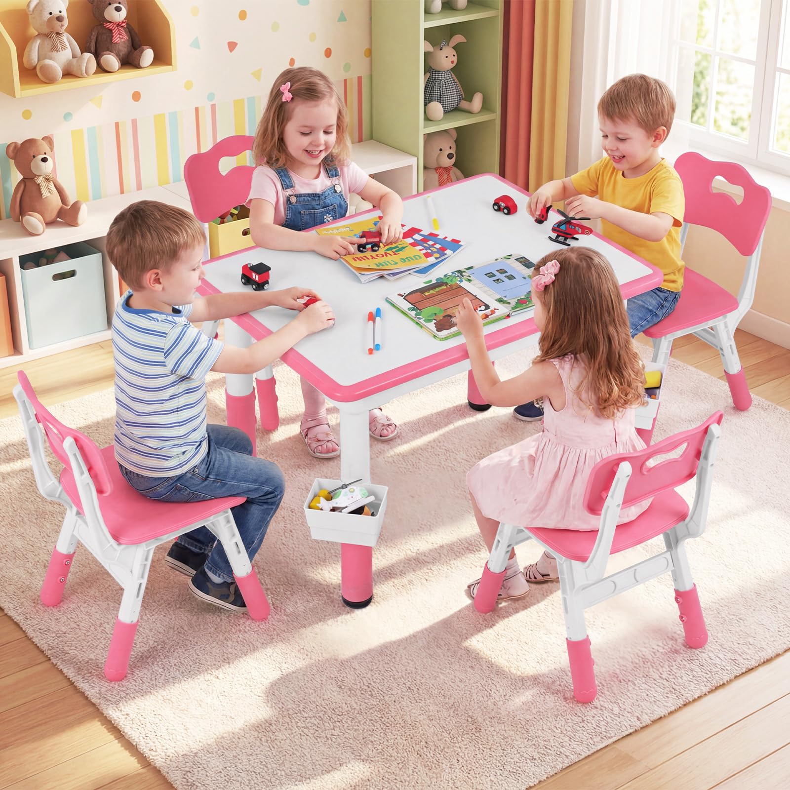 Kids Table and 4 Chairs Set, Height Adjustable Children Activity Desk with Graffiti Desktop 2 Storage Boxes