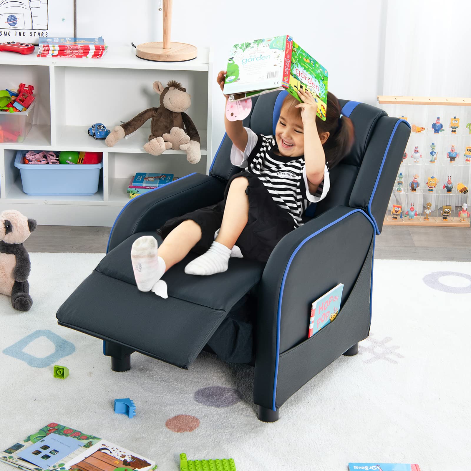 Kids Recliner Sofa Couch with Adjustable Backrest Footrest and High Density Sponge