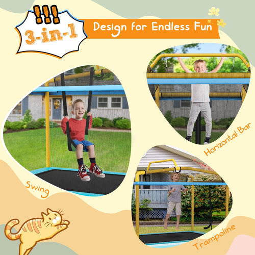 6FT Kids Trampoline, 3-in-1 Trampoline w/Swing & Horizontal Bar, Rectangle Toddler Trampoline