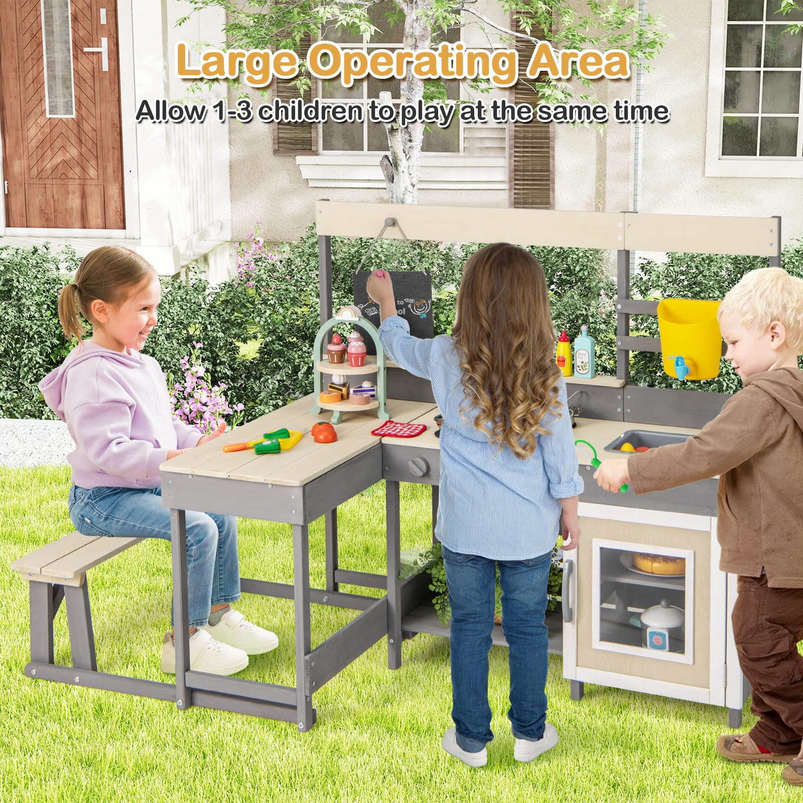 Outdoor Play Kitchen with Faucet Chalkboard Stoves Removable Sink Cooking Accessories