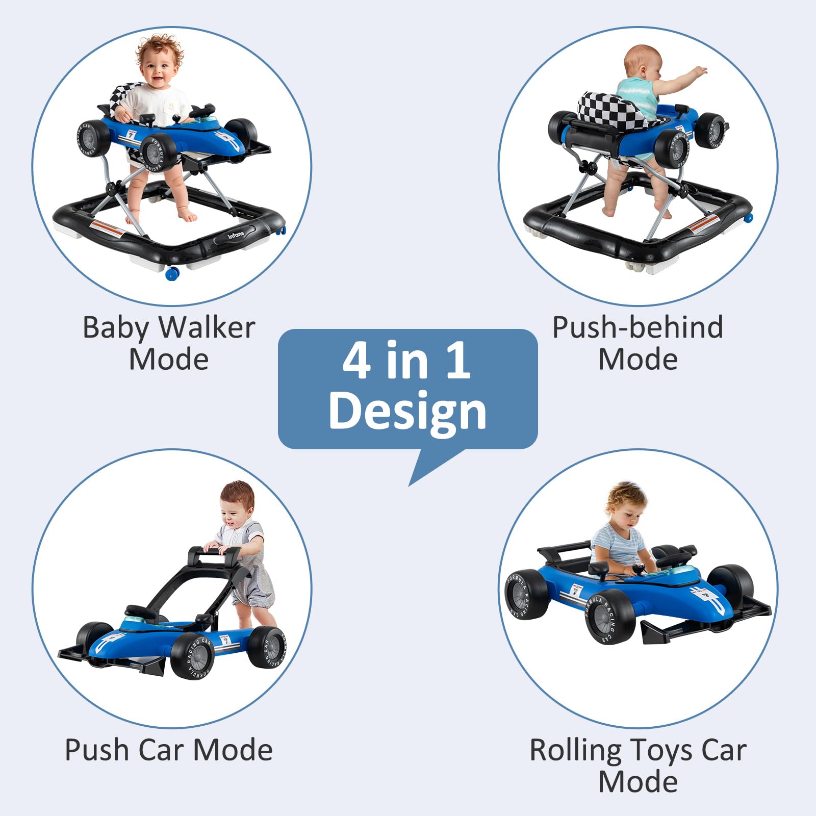 INFANS 4 in 1 Baby Walker, Foldable Toddler Activity Center with Adjustable Height