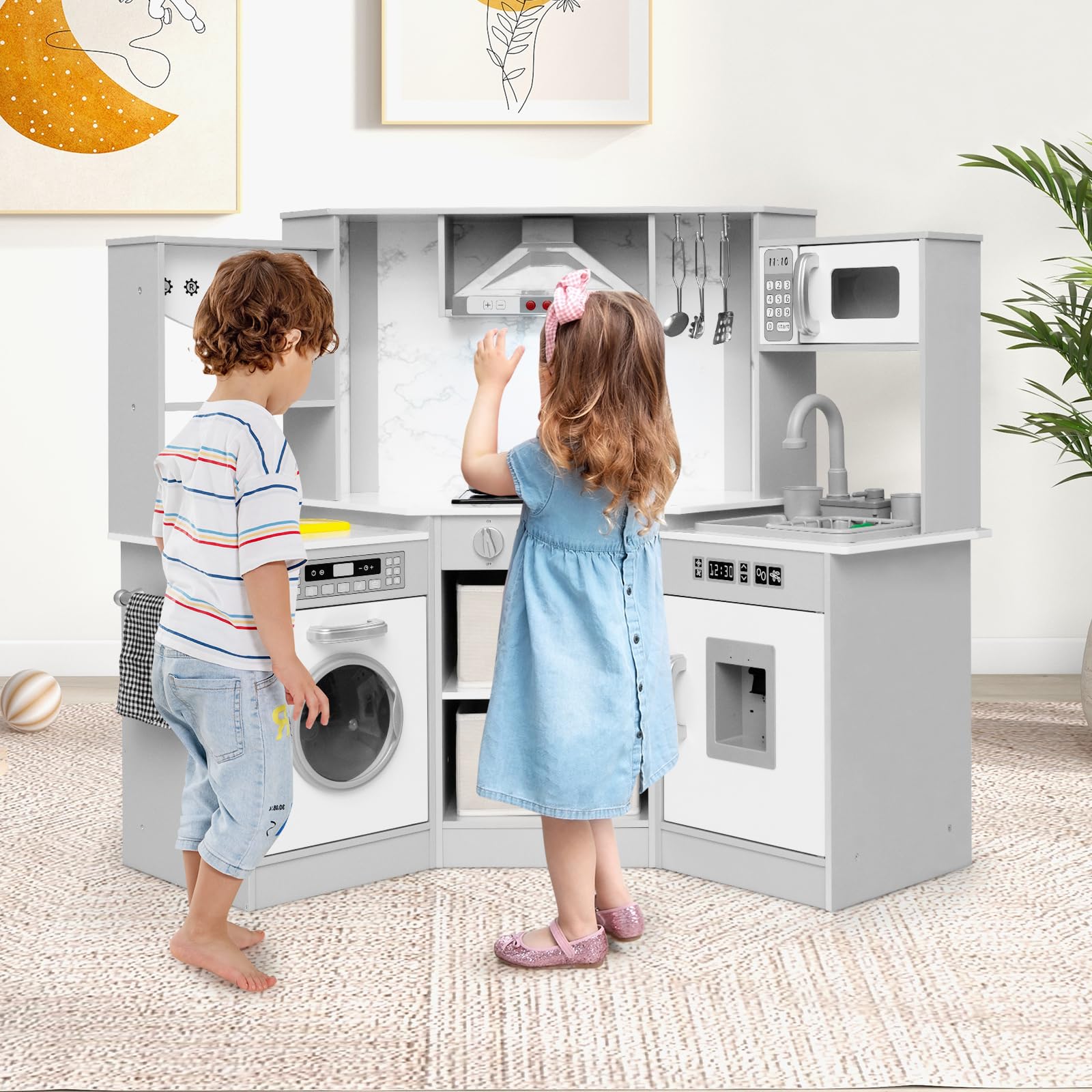 INFANS Corner Kids Kitchen Playset with Real Running Water Circulation Realistic Light Sound Stove Storage Cabinet
