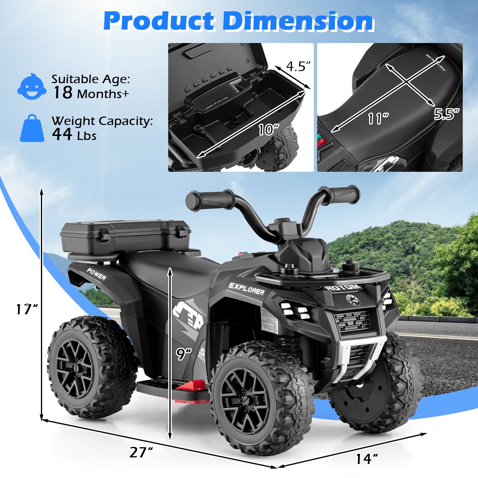 Kids ATV with Spray Function, Remote Control, Storage Trunk