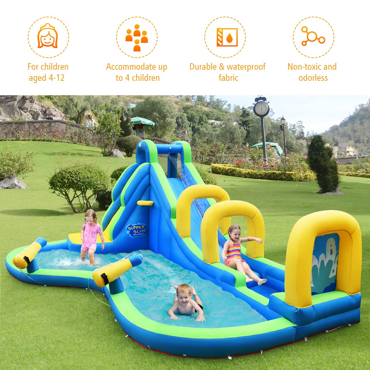 Kids Inflatable Water Slide, 5 in 1 Giant Water Slide Bouncer Park w/Splash Pool