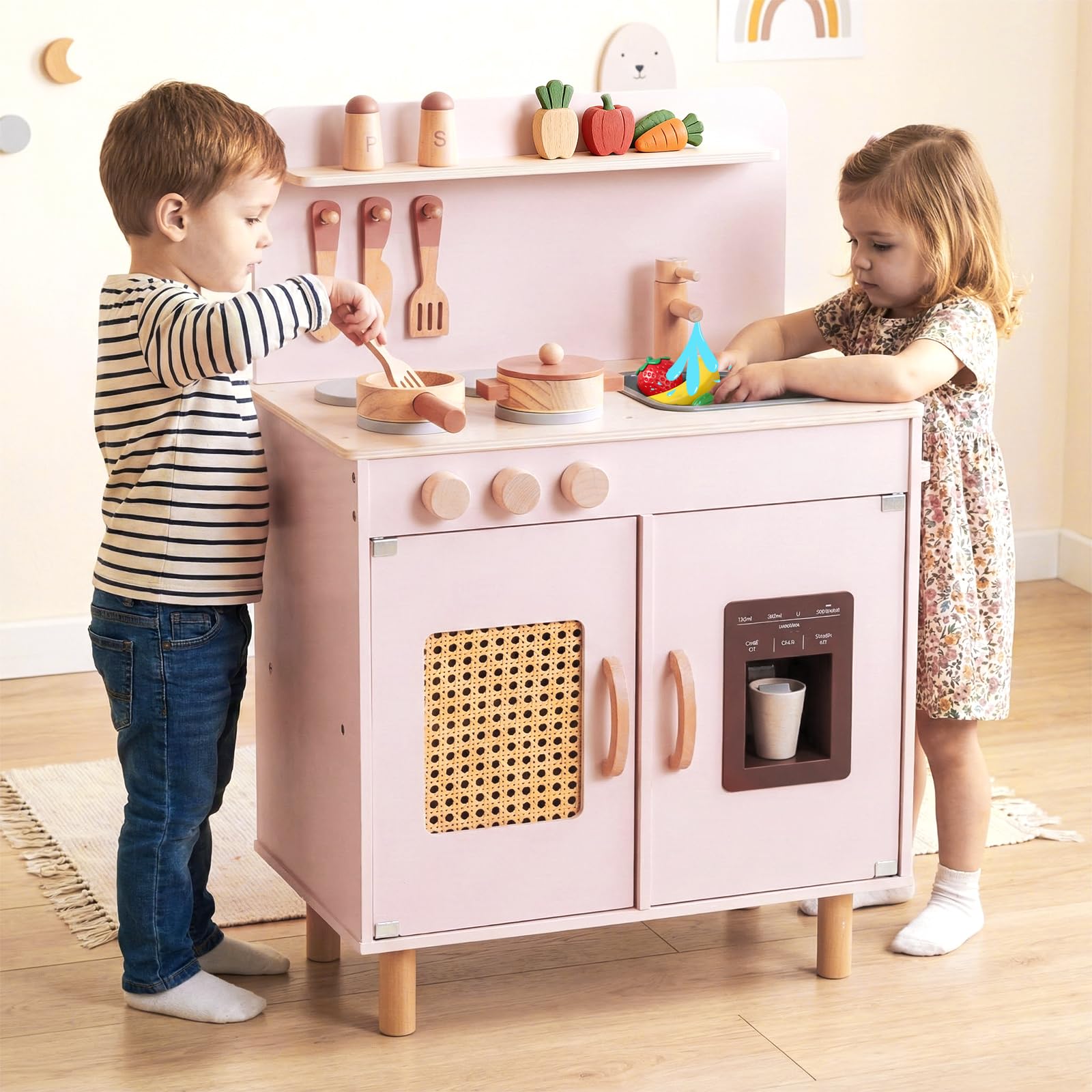 INFANS Play Kitchen for Kids, Wooden Pretend Playset
