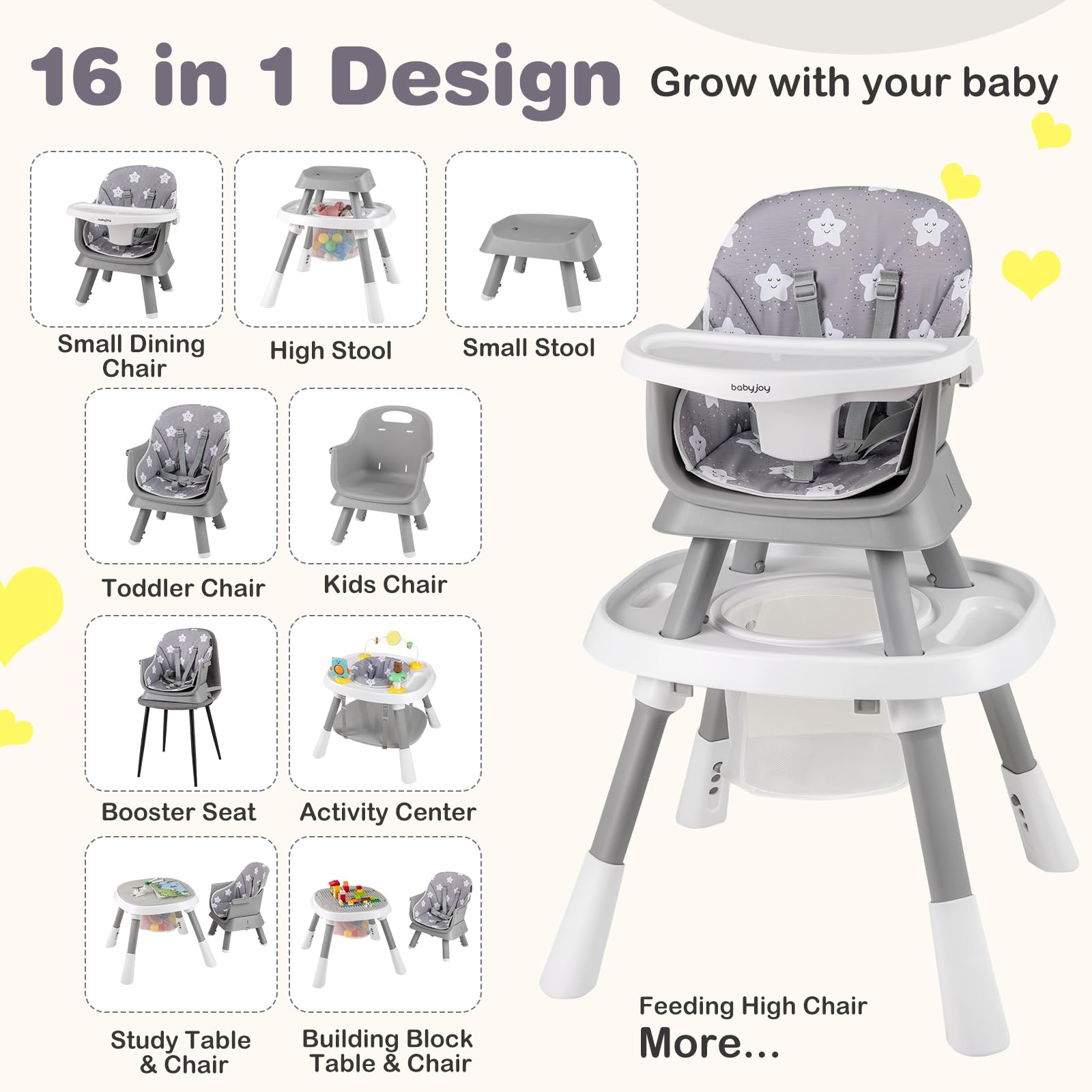 16-in-1 Baby High Chair Convertible Highchair for Babies and Toddlers with Activity Center