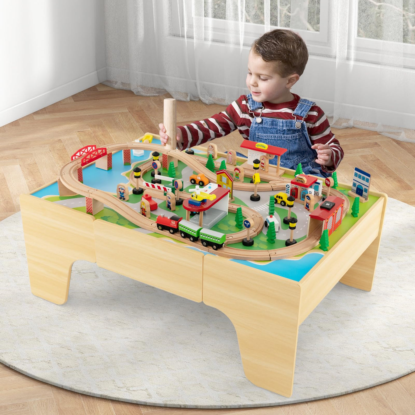 Train Table, 84 Pieces Wooden Kids Activity Toy Table Playset with Reversible Detachable Tabletop