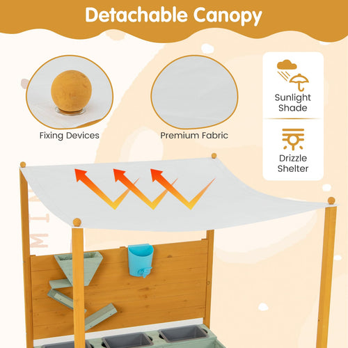 Kids Sandbox with Sand Wall, Wooden Sandpit for 3-8 Years w/Removable Canopy