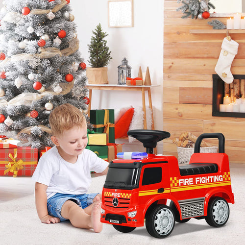 Kids Ride On Car, Benz Licensed Fire Engine w/Storage Space, Steering Wheel, Backrest, Red