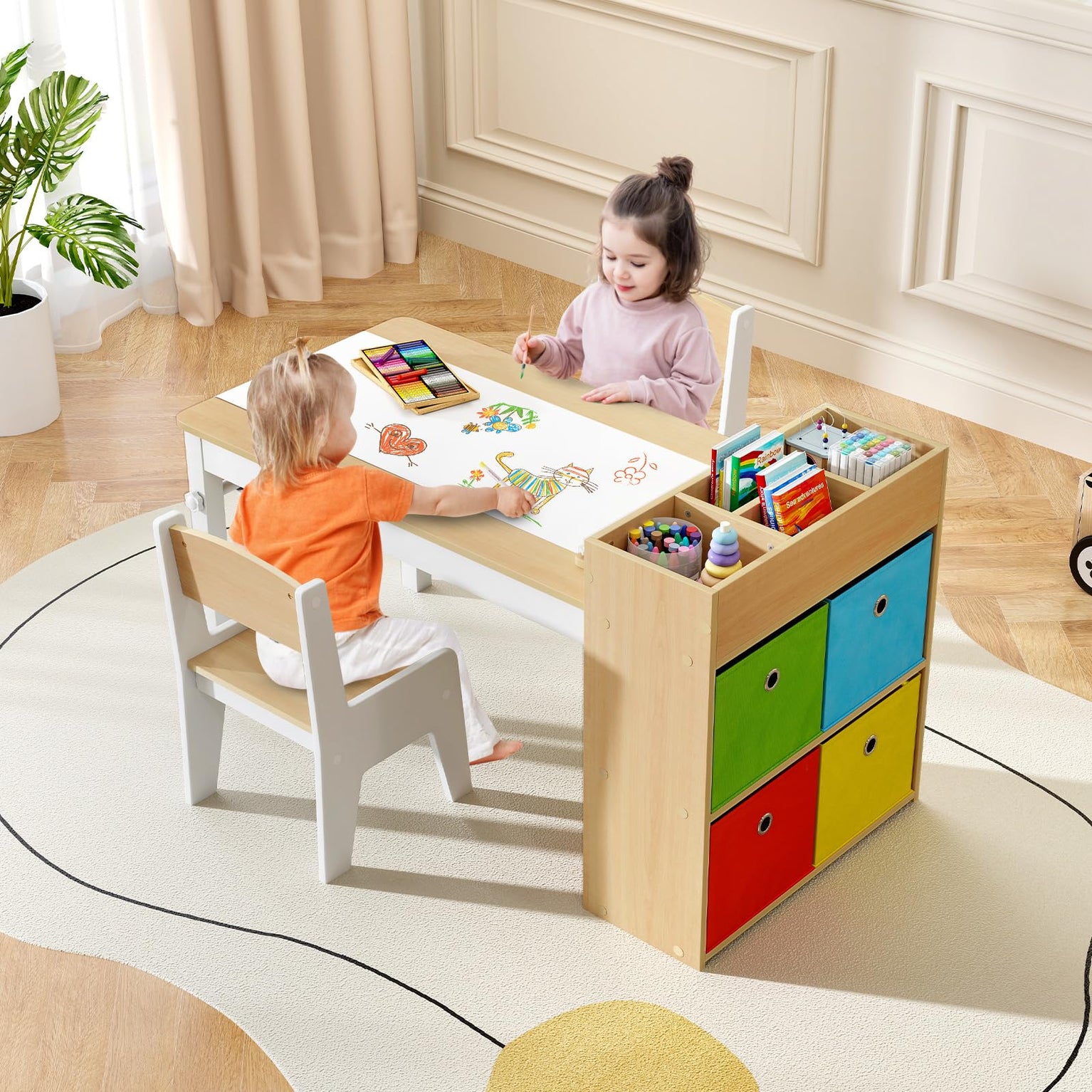 INFANS Kids Table and Chair Set, Toddler Art Craft Play Wood Activity Desk with 2 Chairs