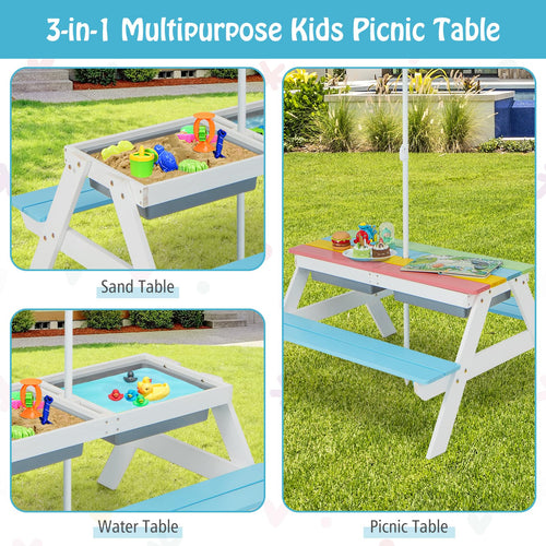 Kids Picnic Table, 3-in-1 Wooden Table & Bench Set w/Removable & Foldable Umbrella for Backyard, Garden