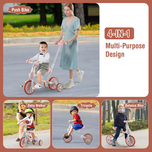 4-in-1 Toddler Tricycle, Kids Training Balance Bike w/Adjustable Parent Handle