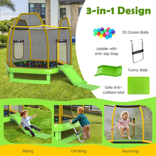 Trampoline for Kids, 7FT Kids Trampoline w/Slide, Ladder & Ocean Balls, Indoor Outdoor Trampoline