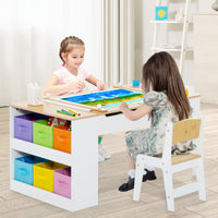 Toddler Art Craft Play Wood Activity Desk with 2 Chairs 4 Storage Canvas Bins Paper Roll for Writing Drawing