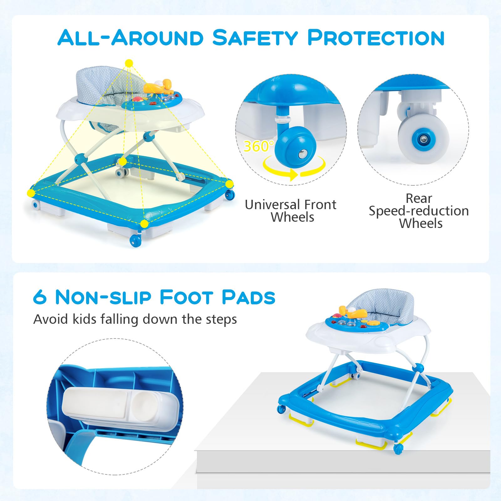 Foldable Baby Walker with 3 Adjustable Heights Comfy Padded Seat Lights and Music Tray