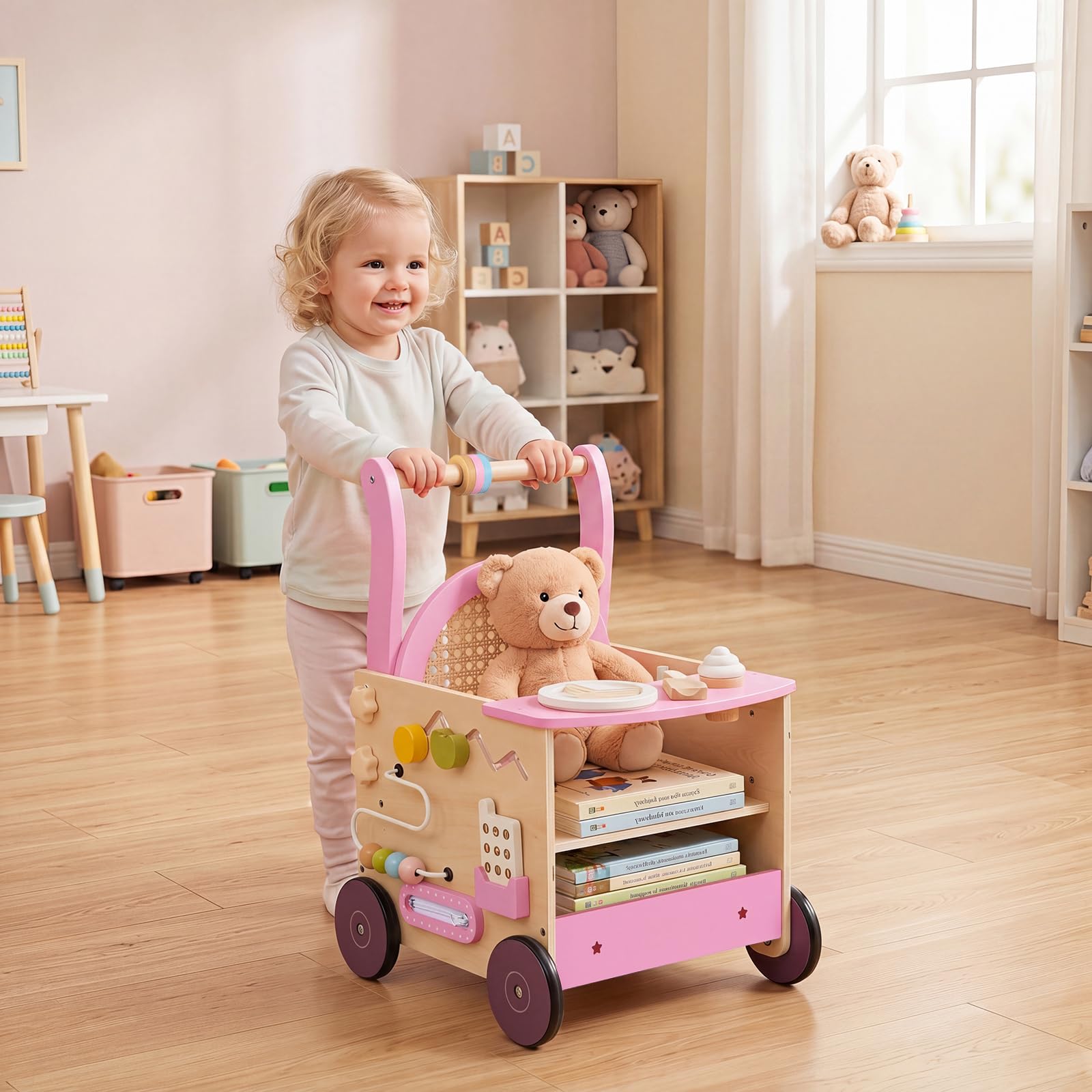 Wooden Baby Walker, Activity Center Push Walking Toy
