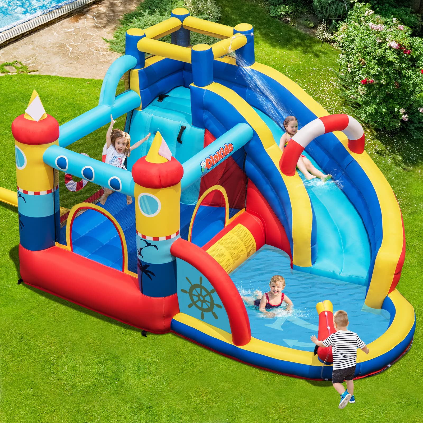 Nautical Themed Bounce House Water Park with Slide, Splash Pool, Climbing Wall, Water Gun, Outdoor Jumping Castle with Hose, Carry Bag, Repairing Kit, Stakes