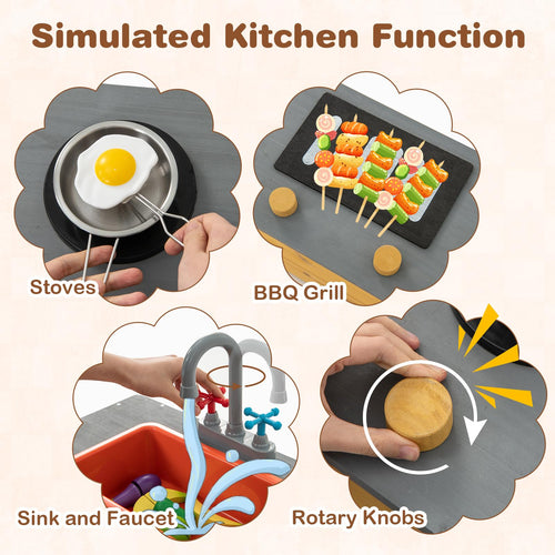 Wooden Sandbox, Kids Sand Pit with Kitchen Playset Accessories and Built-in Bench Seat