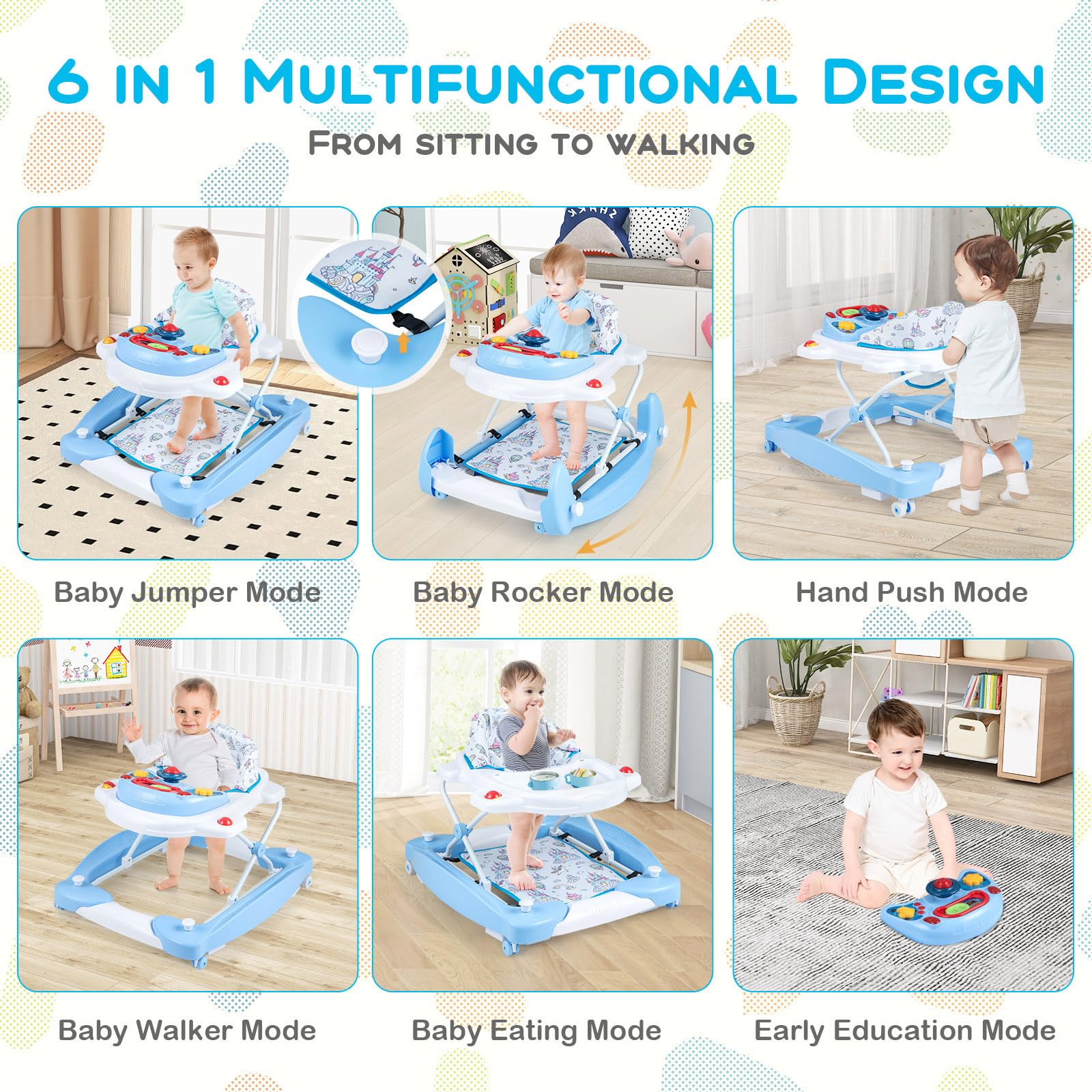 6 in 1 Baby Walker & Activity Center with Adjustable Height and Removable Music Tray