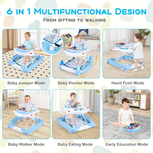 6 in 1 Baby Walker & Activity Center with Adjustable Height and Removable Music Tray