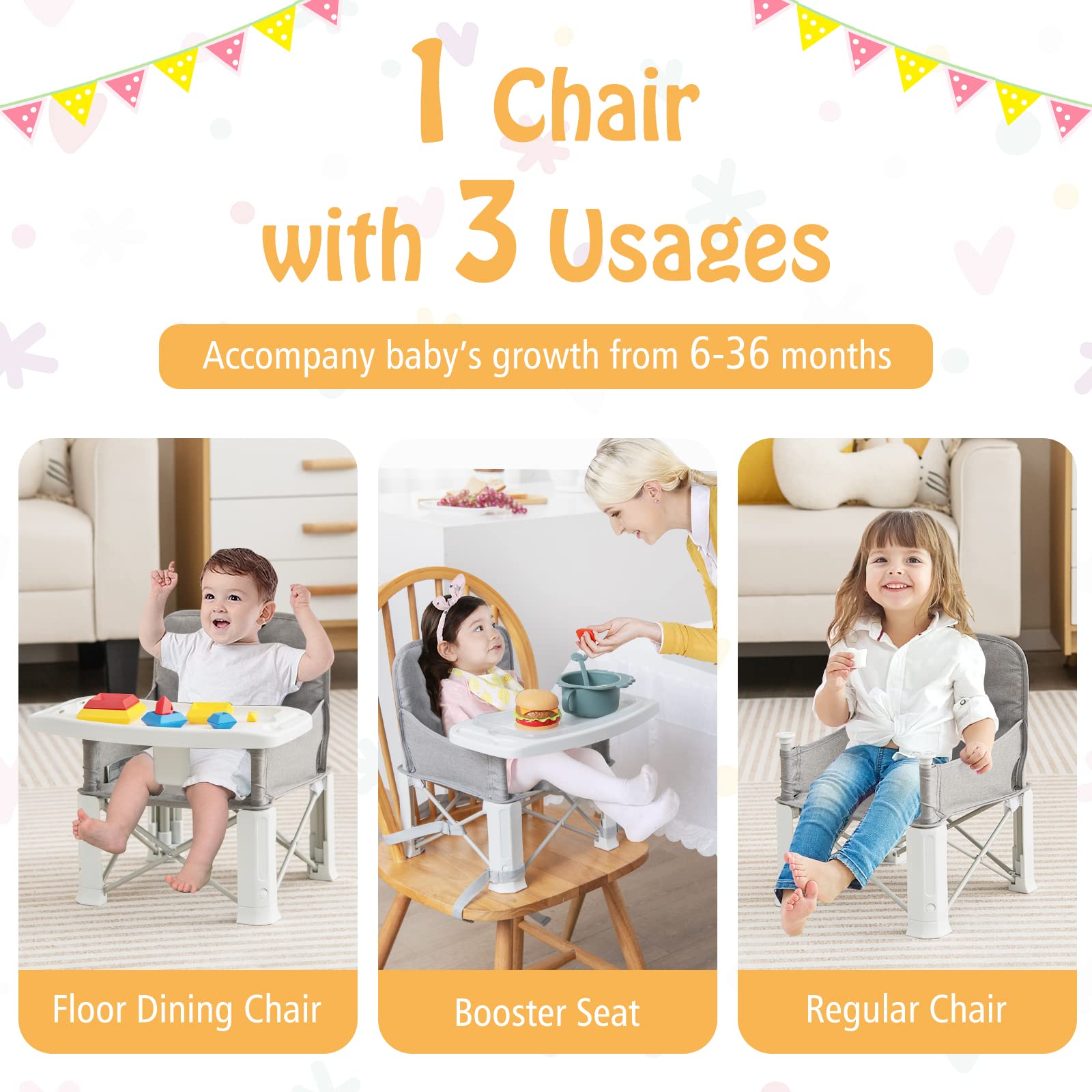 Baby Travel Booster Seat Portable Folding Toddler Floor Dining Chair w/Removable Swivel Double Tray