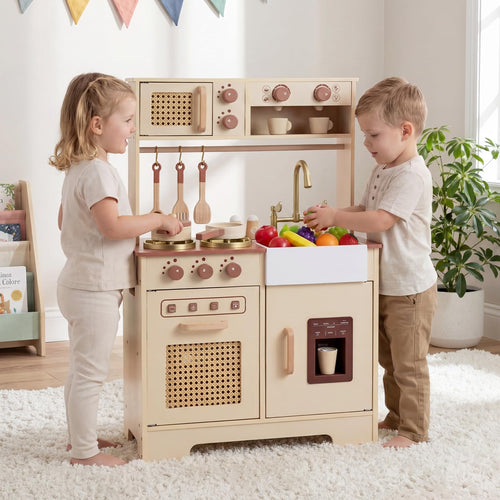 Play Kitchen, Wooden Kids Cooking Toy with Realistic Lights Sounds