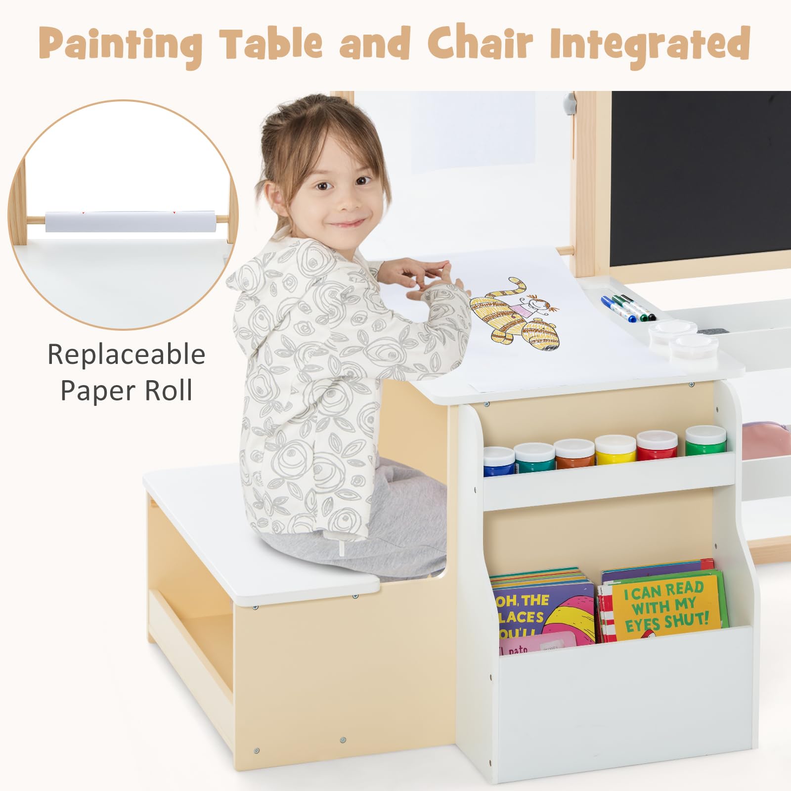 INFANS 3 in 1 Kids Art Table and Chair Set, Toddler Craft and Play Wood Activity Desk