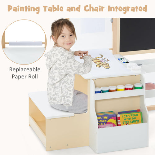 3 in 1 Kids Art Table and Chair Set, Toddler Craft and Play Wooden Activity Desk with Double-Sided Easel