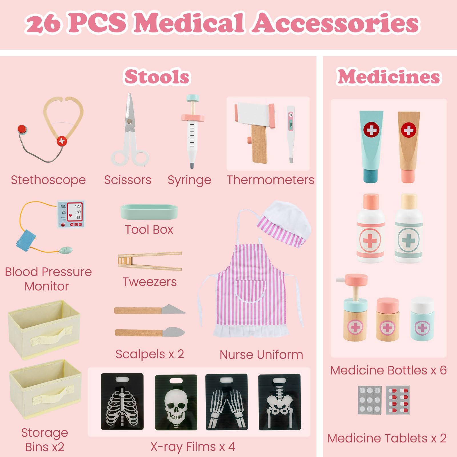 Kids Doctor Playset, Wooden Pretend Medical Station Activity Center Toy Set