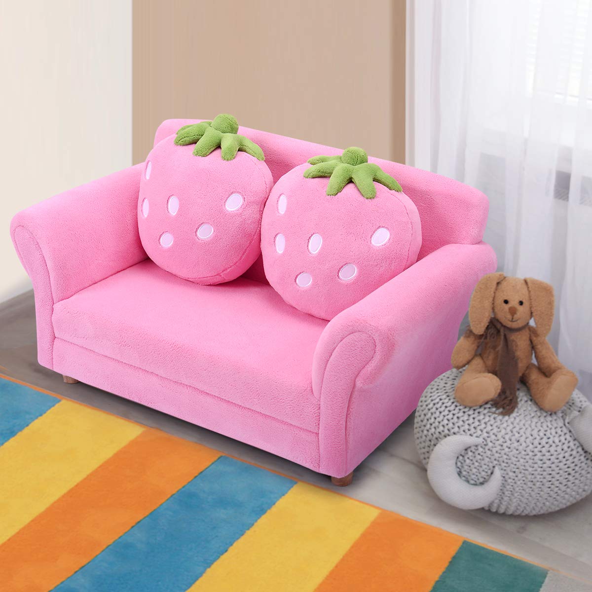 Children Couch Armrest Chair Double Seats with Strawberry Pillows