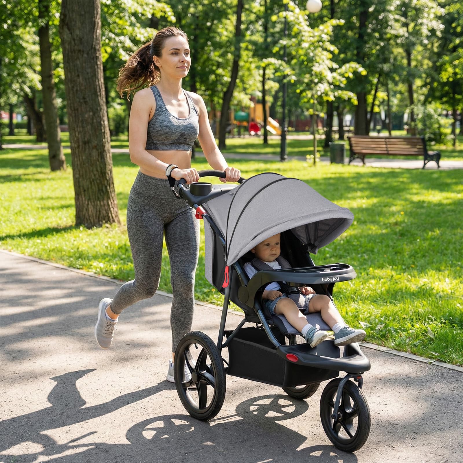 Foldable Jogger with Adjustable Canopy and Detachable Tray