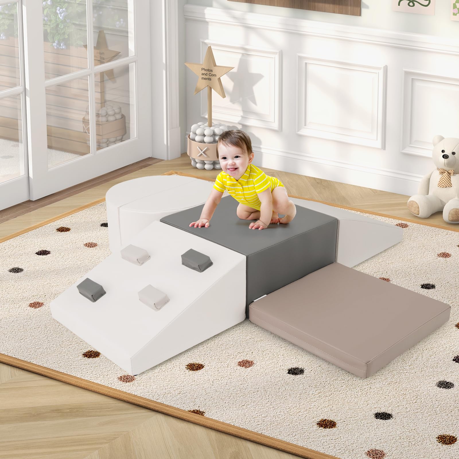 Climbing Toys for Toddlers, 6 Pieces Baby Foam Blocks Soft Play Set with PU Leather