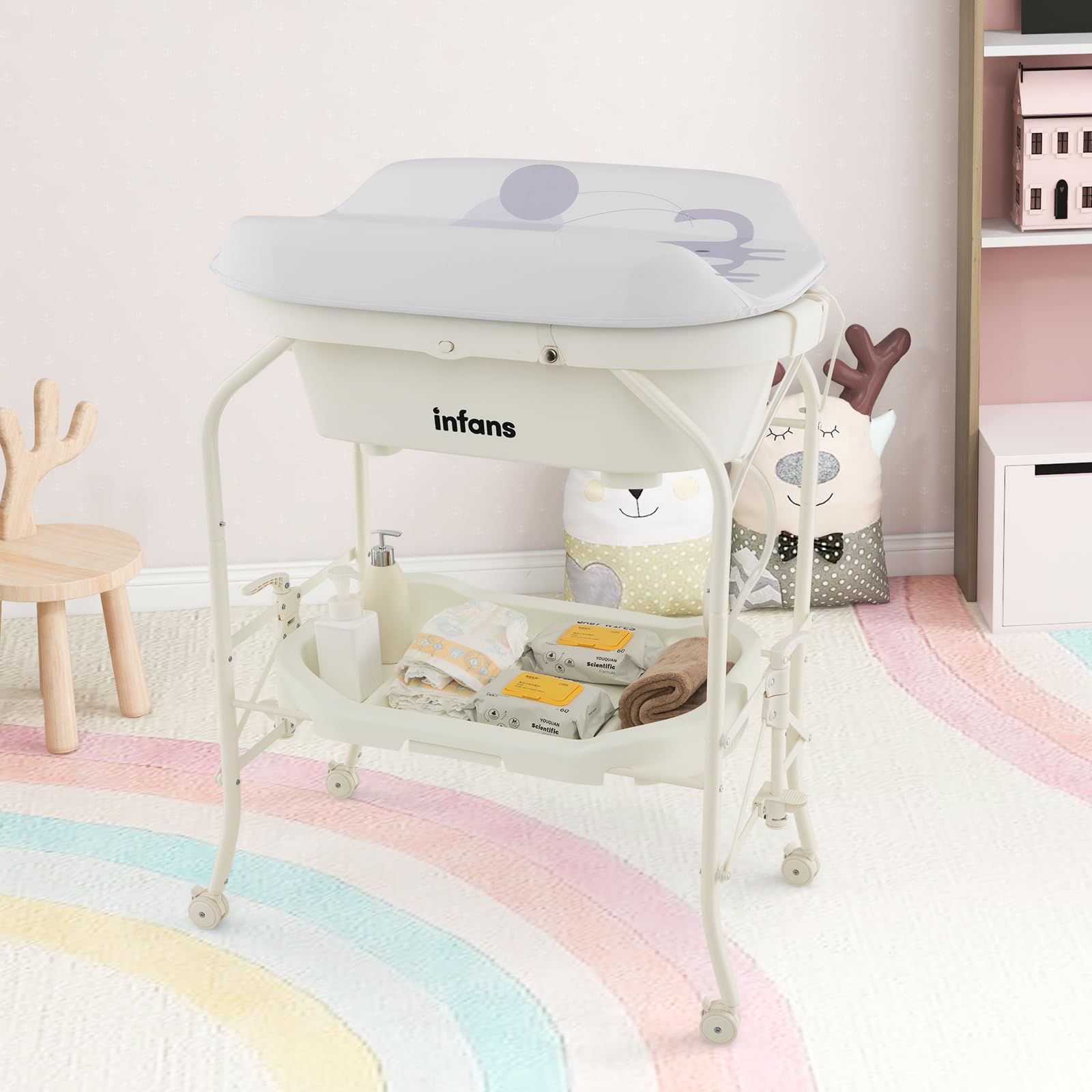 INFANS 2 in 1 Baby Changing Table with Bath Tub Unit, Folding Diaper Dresser Station
