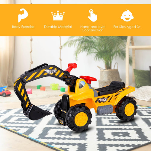 Kids Ride On Excavator, Outdoor Digger Scooper Pulling Cart W/Safety Helmet Horn Underneath Storage