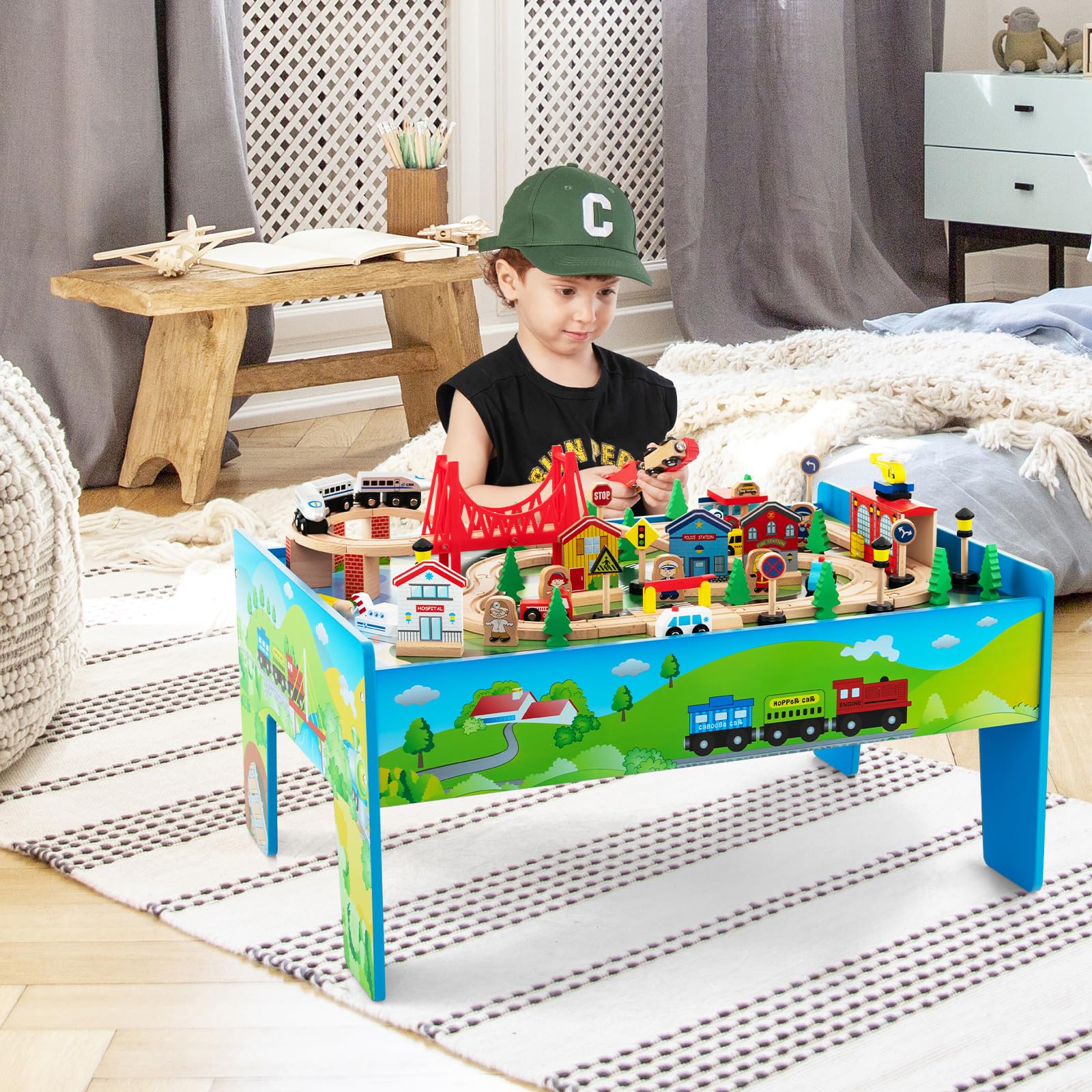 INFANS Train Table, 84 Pieces Wooden Kids Activity Toy Table Playset