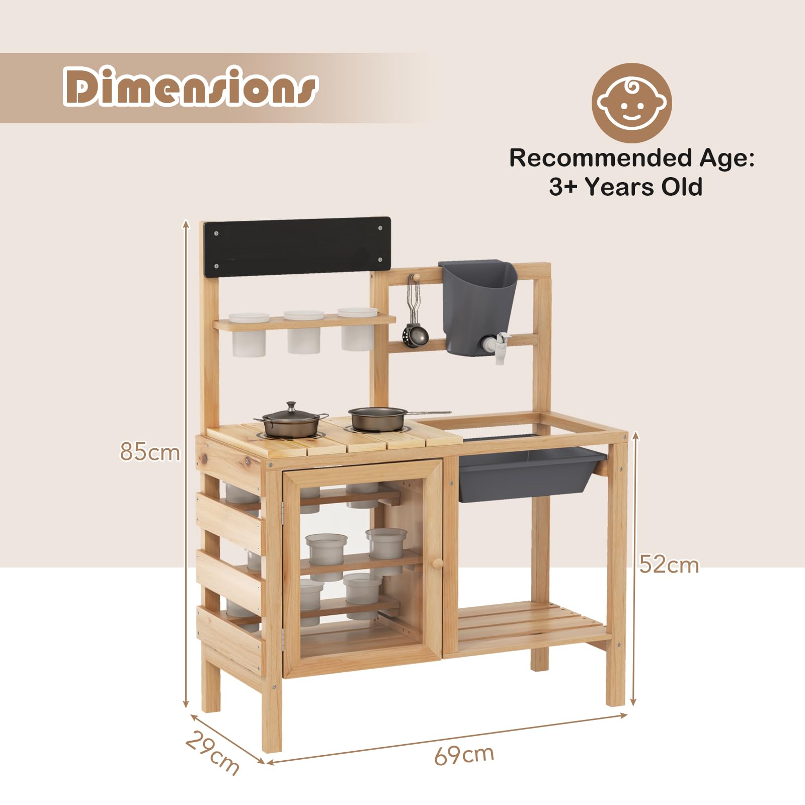 Mud Kitchen for Kids Outdoor, Wooden Toddler Play Kitchen with 12 Plant Pots, Faucet, Stoves