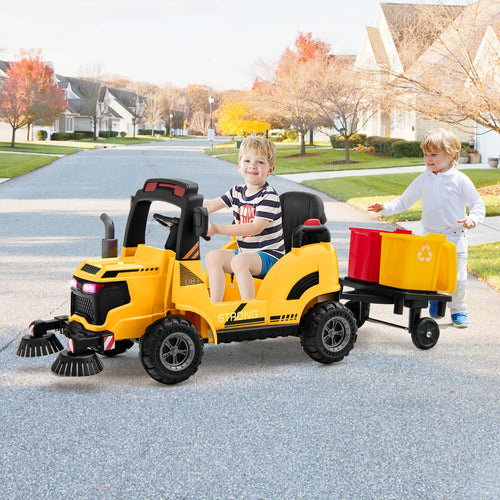 Kids Electric Ride-On Car, 12V Street Sweeper Truck w/2 Rotating Brushes & 2 Removable Rubbish Bins
