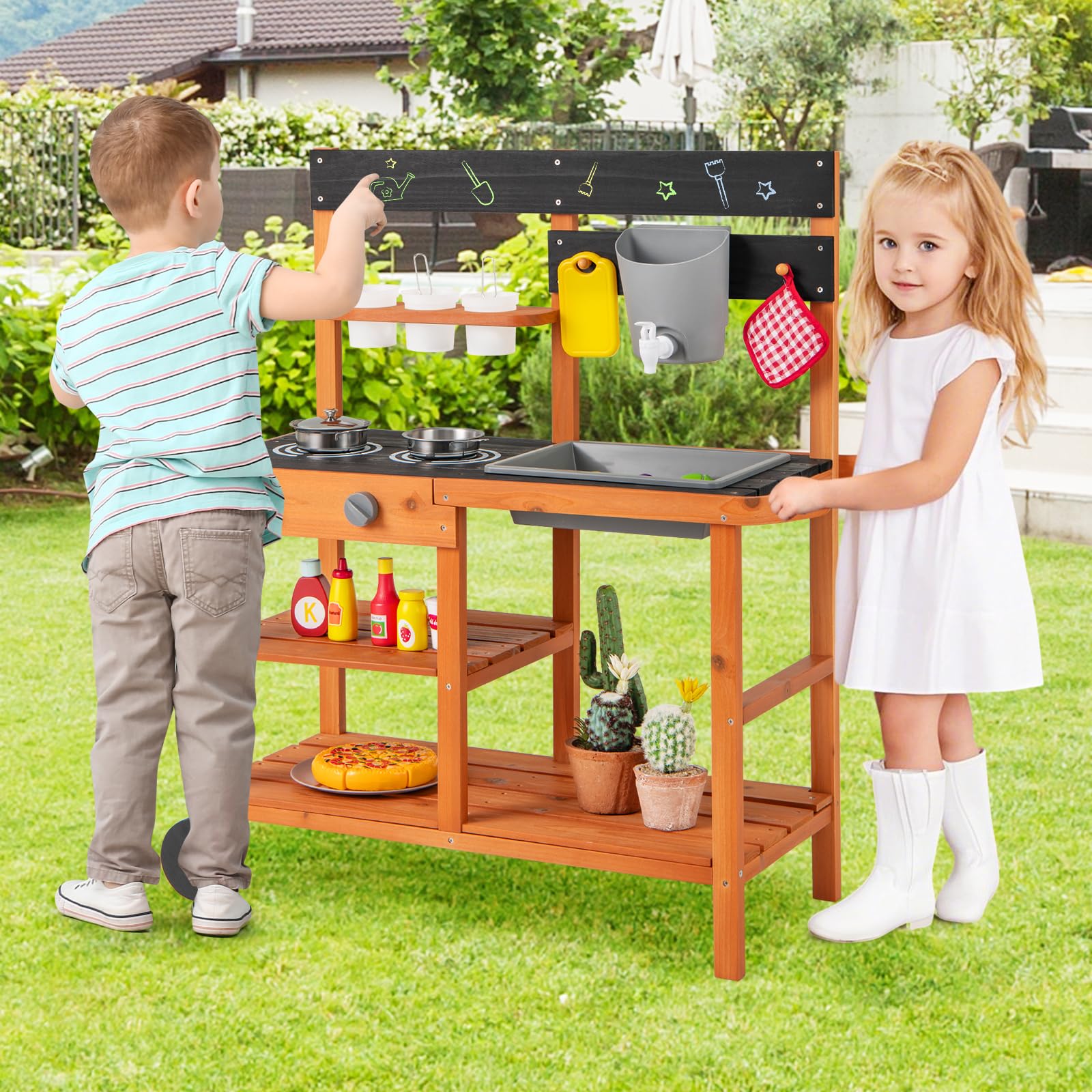 INFANS Mud Kitchen, Outdoor Play Kitchen with Awning Faucet Stoves Cooking Accessories
