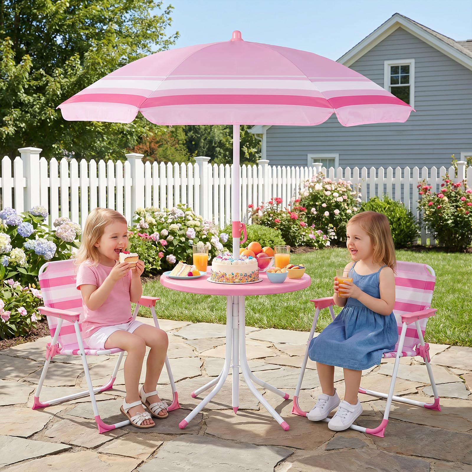 Kids Picnic Table, Outdoor Toddler Patio Furniture Set with 2 Folding Chairs Adjustable Foldable Umbrella
