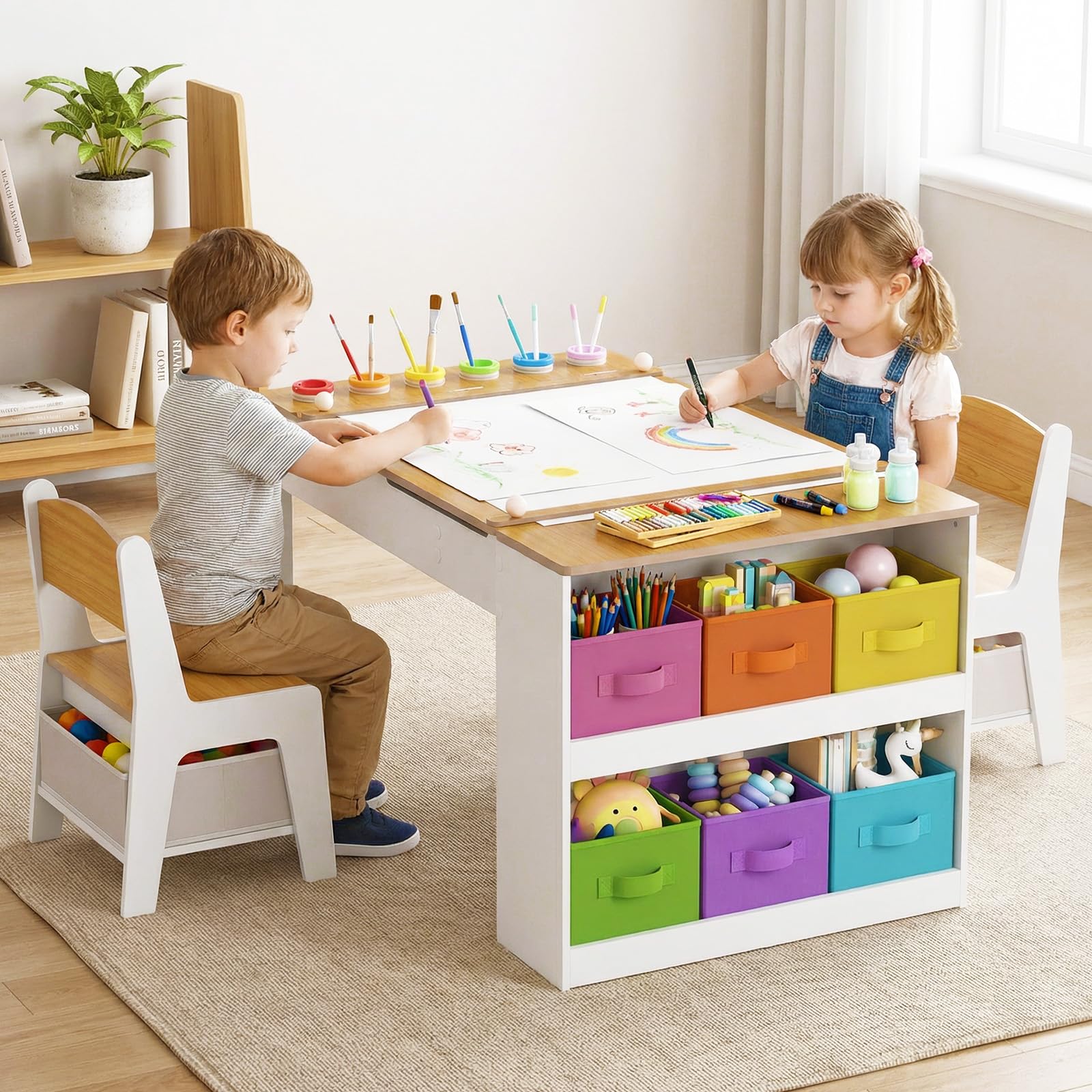 Toddler Art Craft Play Wood Activity Desk with 2 Chairs 4 Storage Canvas Bins Paper Roll for Writing Drawing