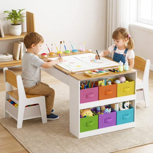 Toddler Art Craft Play Wood Activity Desk with 2 Chairs 4 Storage Canvas Bins Paper Roll for Writing Drawing