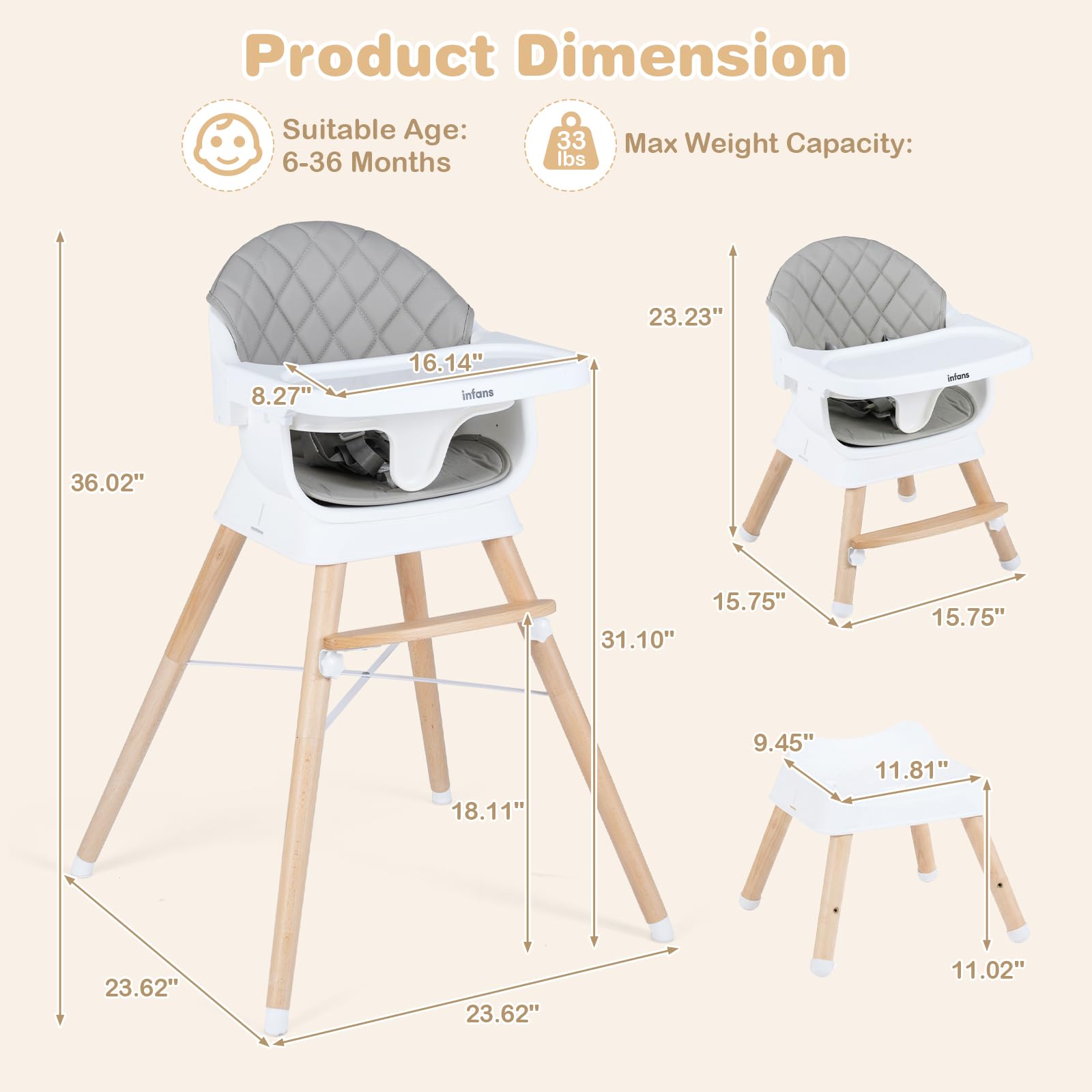 INFANS Baby High Chair, 6 in 1 Wooden Convertible Highchair for Babies and Toddlers