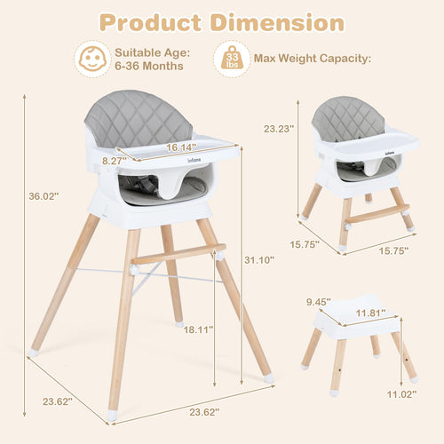 INFANS Baby High Chair, 6 in 1 Wooden Convertible Highchair for Babies and Toddlers