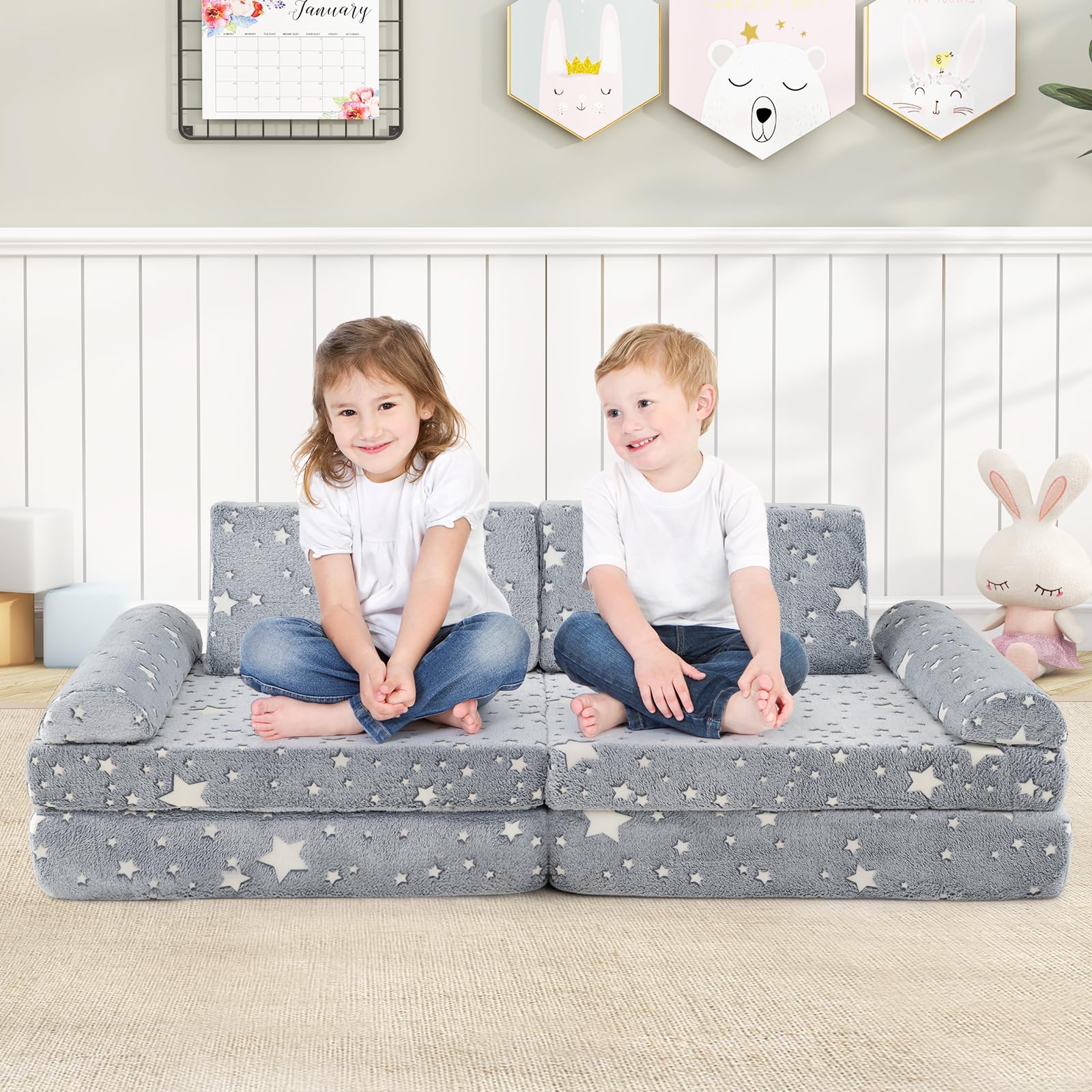 INFANS Modular Kids Play Couch, 8 PCS Toddler Creative Sectional Building Sofa for Playroom