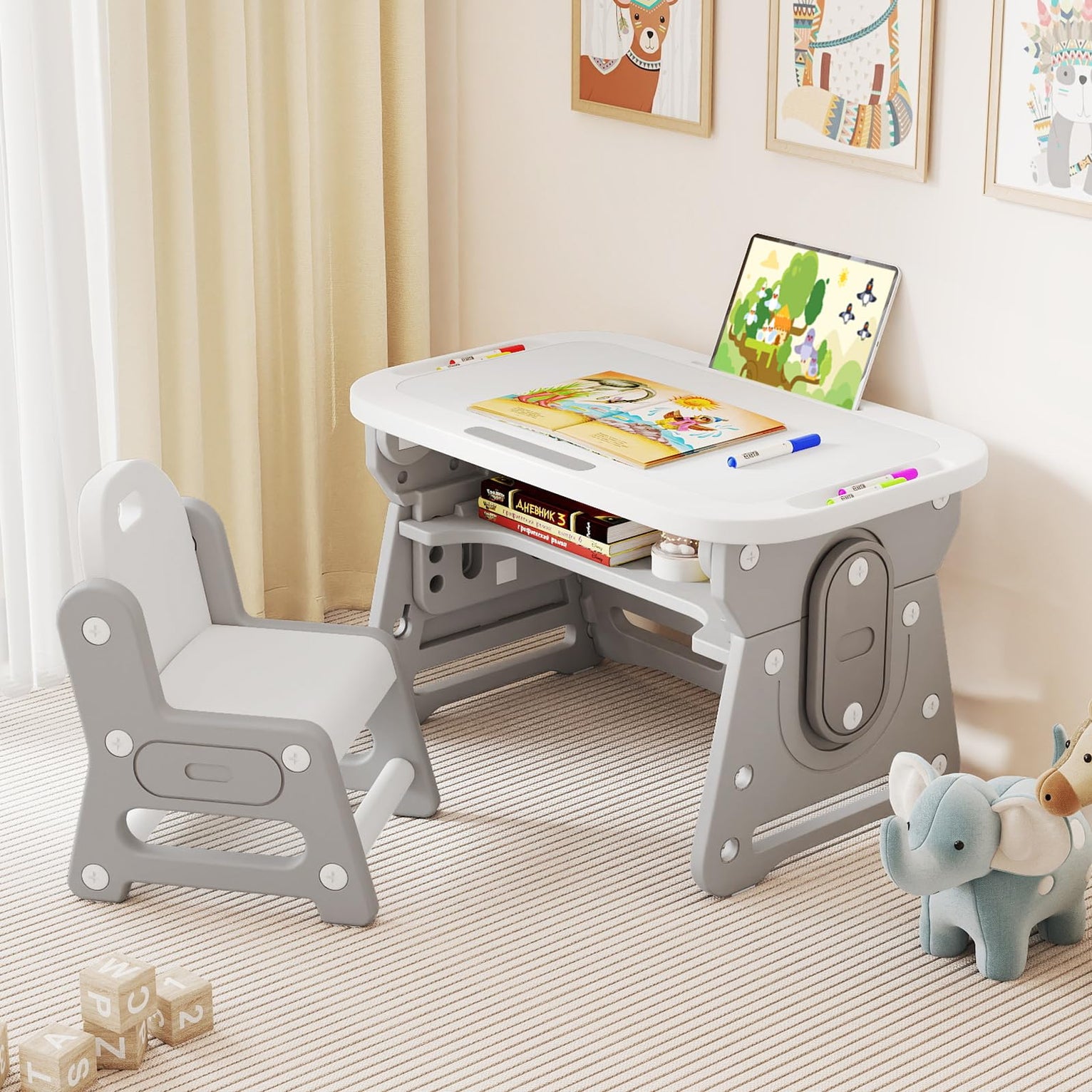 INFANS Kids Adjustable Table & Chair Set with Drawing Board for 3+