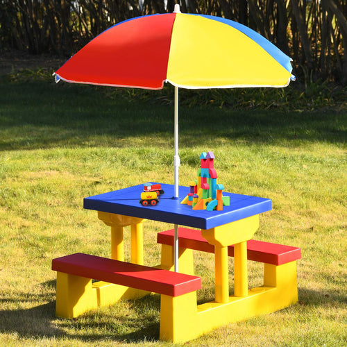 Kids Picnic Table Set, Table Bench Set for Toddlers w/Removable Umbrella