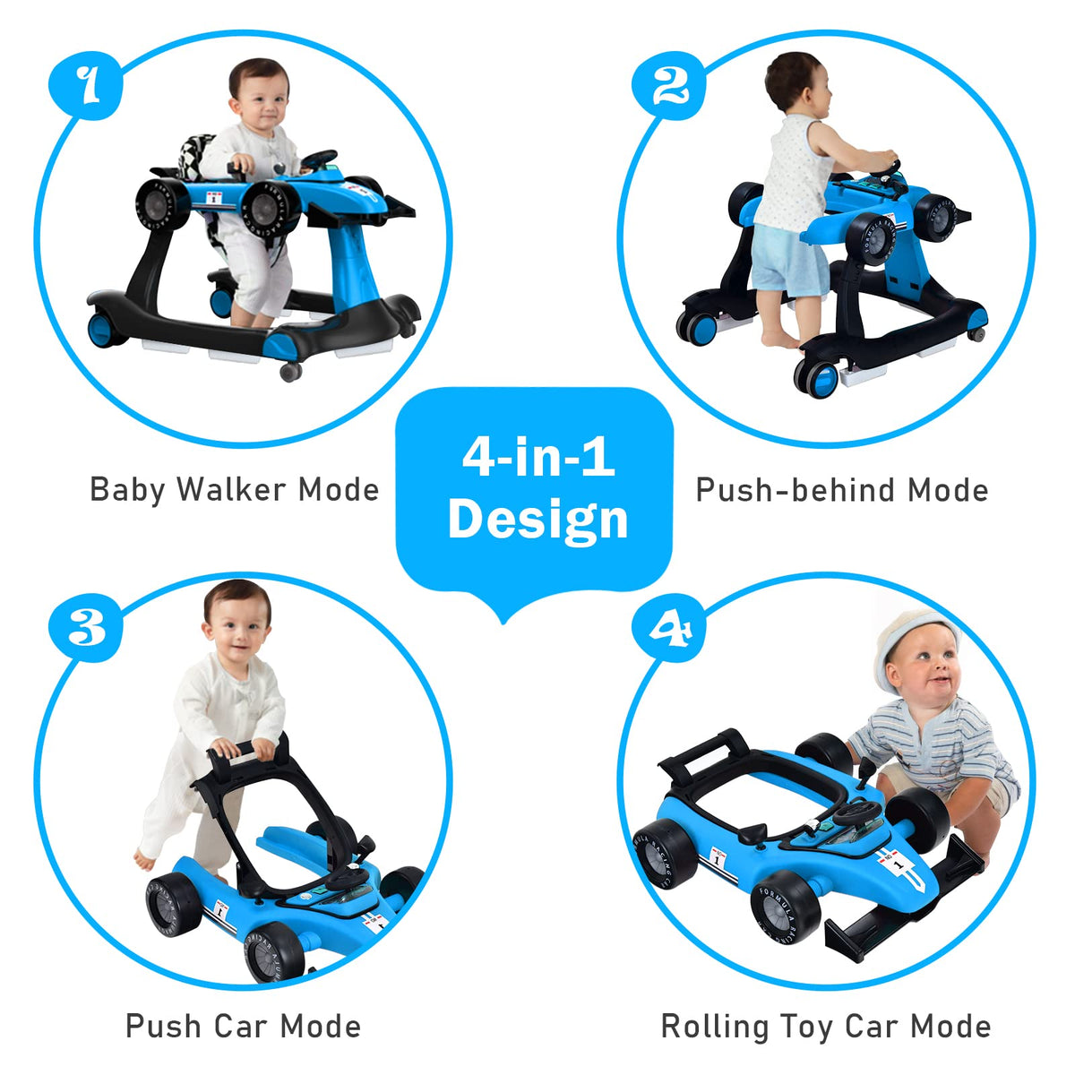 4-in-1 Foldable Activity Car Walker with Adjustable Height and Speed