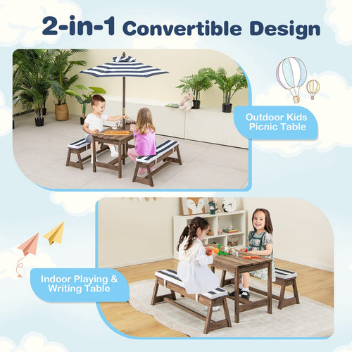 Kids Picnic Table Bench Set, Wooden Kids Outdoor Furniture with Umbrella, Sponge Cushions