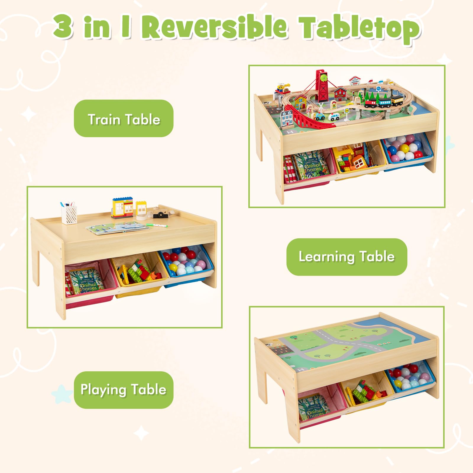 Train Table, 84 Pieces Wooden Kids Activity Toy Table Playset with Reversible Detachable Tabletop